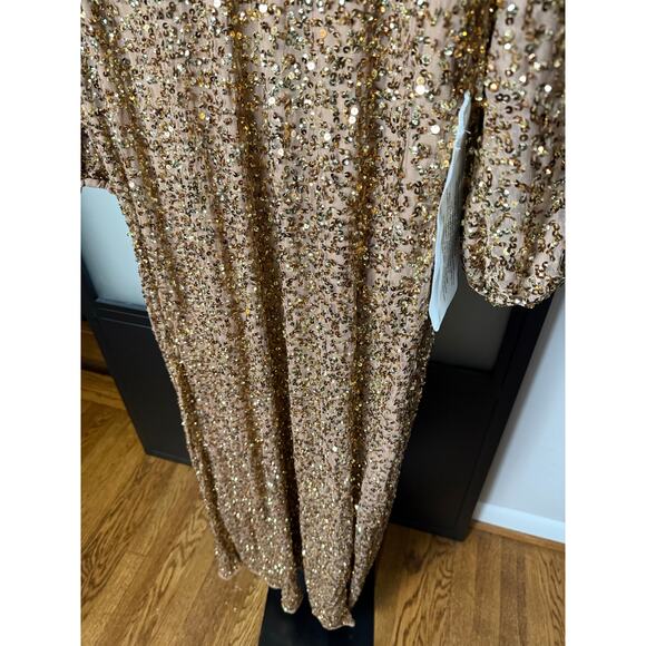 NWT Mac Duggal Brown Sequined Puff Sleeve V Neck Gown Size 14 - Picture 6 of 11